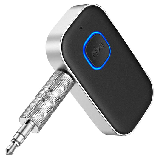 Receptor Bluetooth Coche, Adaptador Bluetooth Jack 3,5mm, Manos Libres/Altavoces/Auriculares, J22,Negro Mate/Plata