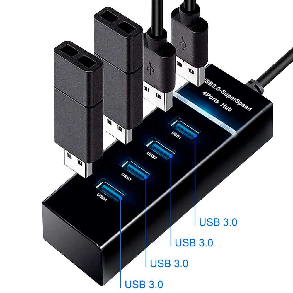 Hub 4 Puertos USB Tipo A 3.0 Iluminacion con Luz LED Splitter Negro para PC Ordenador de Mesa Portatil Adaptador Concentrador Entradas