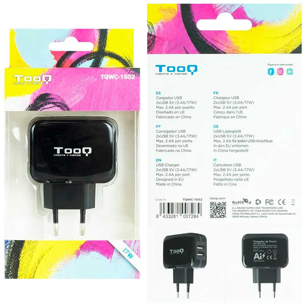 Tooq TQWC-1S02 Cargador de Pared Red 17W 3.4A Doble USB 5V para Smartphones Tablets Negro Adaptador Carga Corriente