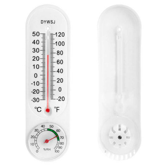 Termometro Higrometro Analógico de Plástico, Color Blanco, Mide Temperatura en Grados Celsius / Fahrenheit y Humedad