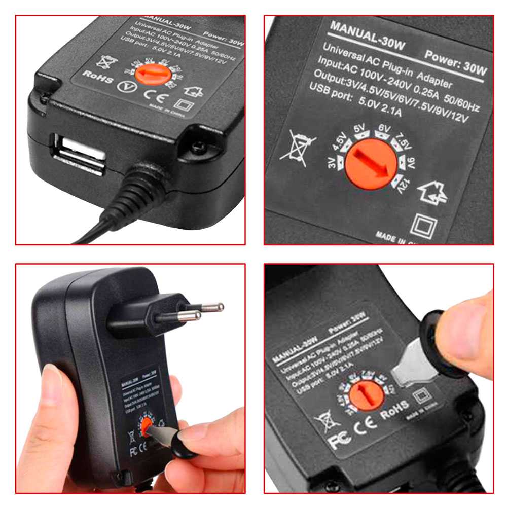Cargador Adaptador Transformador 30W Regulable EU 2 Pin DC USB 3V-12V Negro Adapter Charger Power Supply Voltage