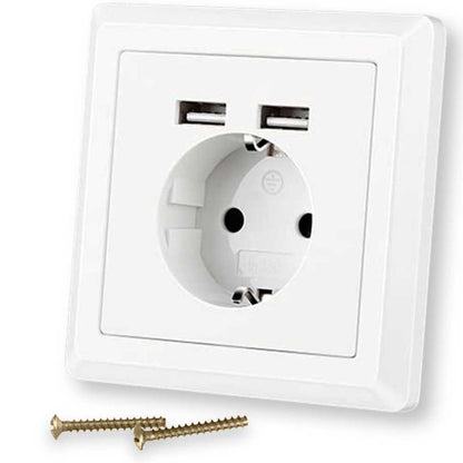 Toma de Corriente Pared Empotrada con 2 USB Blanca Base Fija para Muro Enchufe Europeo 2 Pin EU Europea Zócalo Caja