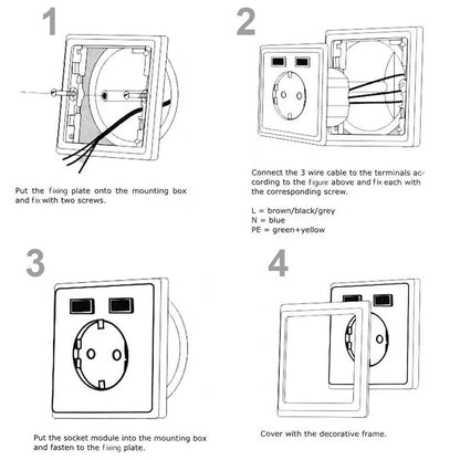 Toma de Corriente Pared Empotrada con 2 USB Blanca Base Fija para Muro Enchufe Europeo 2 Pin EU Europea Zócalo Caja