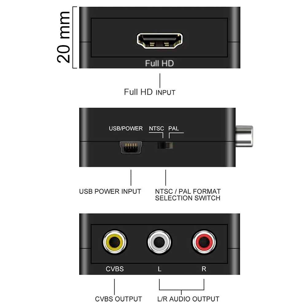 Adaptador Conversor de HDTV a AV Soporte Full HD Negro para PC TV Portátil Televisor Convertidor Transformador HDTV2AV RCA Audio Video Resolución 1080p