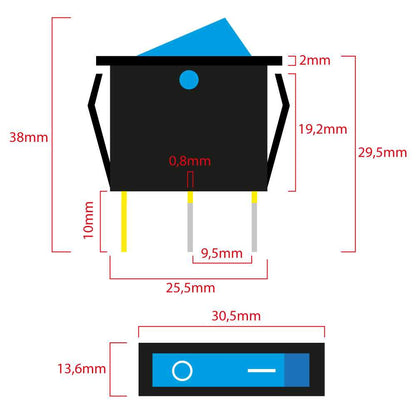 Interruptor Basculante KCD3 SPST, Forma Rectangular con 3 Pines y Posiciones ON/OFF, Admite Hasta 16A 250VAC, Luz Azul