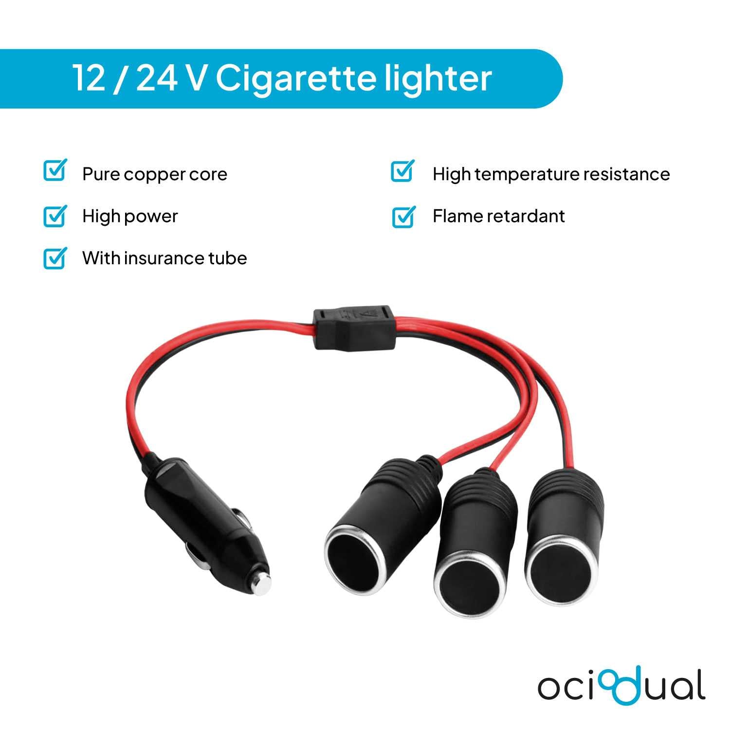 Adaptador Mechero de Coche, Cable Extensor para Enchufe Coche, Conector duplicador de 1 a 3 tomas