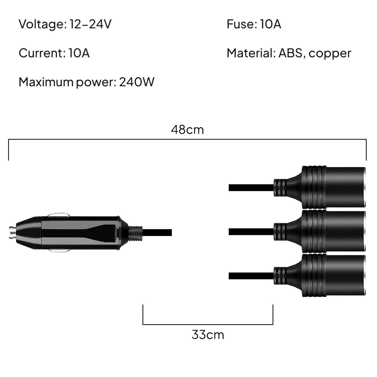 Adaptador Mechero de Coche, Cable Extensor para Enchufe Coche, Conector duplicador de 1 a 3 tomas