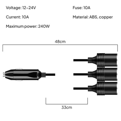 Adaptador Mechero de Coche, Cable Extensor para Enchufe Coche, Conector duplicador de 1 a 3 tomas