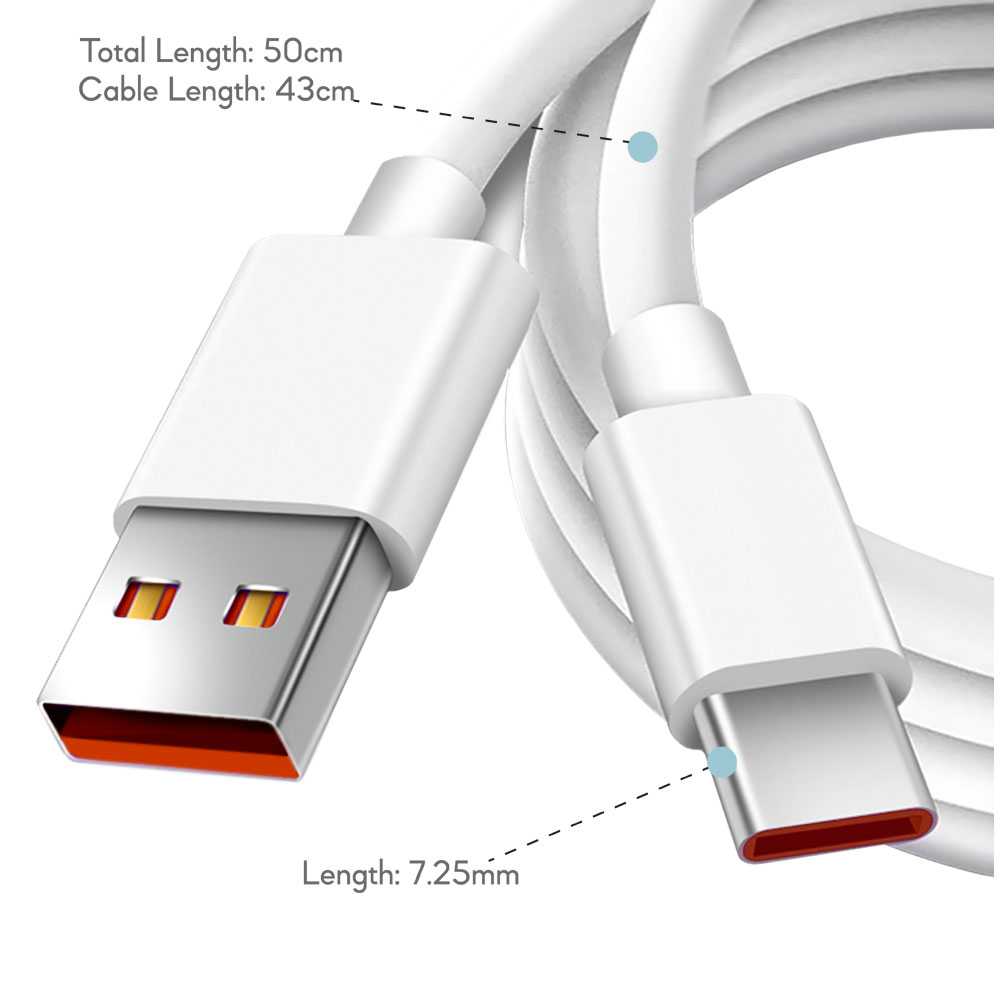 Cable USB Tipo C 0,5m 6A 100BA Blanco de Carga Datos Cargador Rápido Quick Charge para Teléfonos Smartphones Tablets